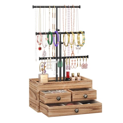 X-cosrack Jewelry Tree Stand Organizer 3 Tier Metal Jewelry Holder Stand with Wood Basic Storage Box, Adjustable Height Holder Display for Necklaces Earrings Bracelets and Rings, Carbonized Black