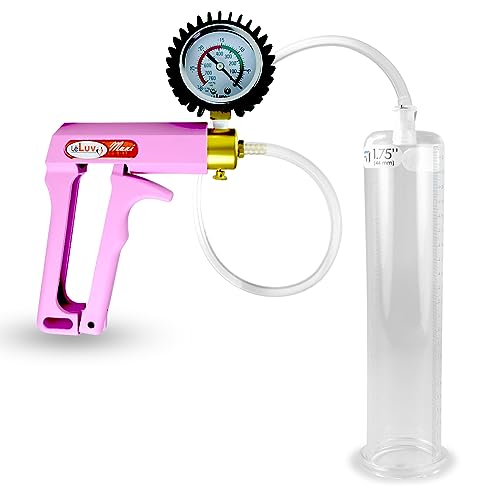 LeLuv Penis Pump Maxi Pink Handle + Protected Gauge and Clear Hose | 9 inch Length x 1.75 inch Diameter Cylinder