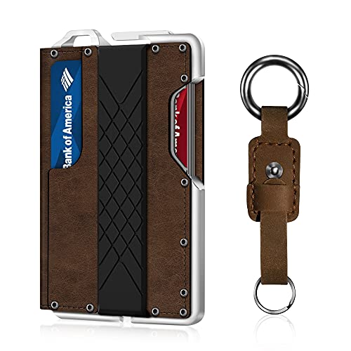 MURADIN Tactical Minimalist Wallet for Men, Slim RFID-Blocking Metal Card Holder, Front Pocket Men’s Leather Dapper Bifold Wallet with Money Clip with Keychain (Carzy Horse)
