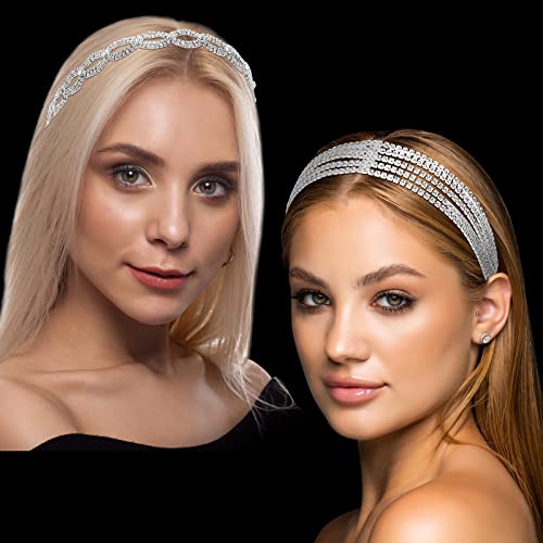 2 Pcs Rhinestones Headband Crystal Head Chain Elastic Headband Adjustable Rhinestone Bridal Headpieces Silver Headband Stretch Bridal Head Jewelry Hair Bands Accessories for Women Wedding Pageant