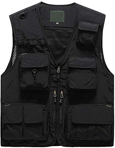 Pishon Men's Outdoor Work Safari Fishing Vest Quick Dry Casual Lightweight Travel Photo Cargo Vest with Multi Pockets, Black, Large