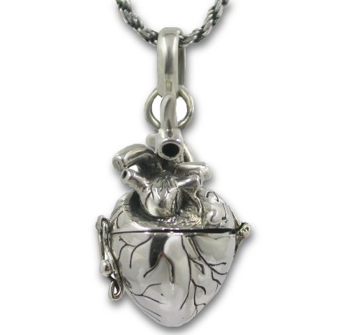 Pearlina Anatomical Heart Necklace Solid Sterling Silver 3d Antique Finish Message Note Holder or Pill Box Pendant Locket Opens (Heart with 20' Sterling Silver Rope Chain)
