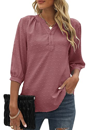 Bequemer Laden Womens Summer V Neck 3/4 Sleeve Blouses Swiss Dot Tunic Tops Casual Button Down Shirts Pink Red