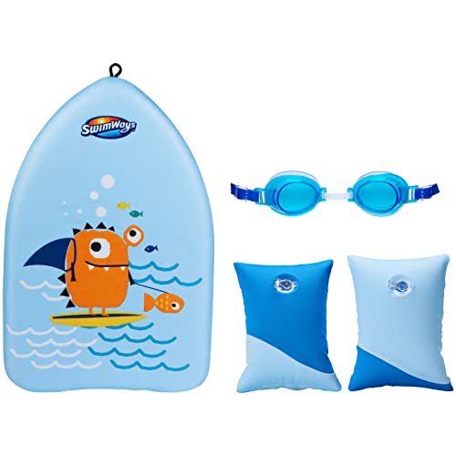 SwimWays Value pack, Fish Face Guppy Goggles ,Soft Swimmies, and Sea Monster Kick Trainer, Learn to Swim Kickboard