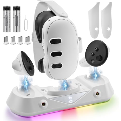 Grathia Charging Dock for Meta Quest 3, High Speed Charging Stand VR Headset Charging Stand for Meta Quest 3, Magnetic Charging Station for VR Headset and Touch Controllers with RGB Light 2 Batteries