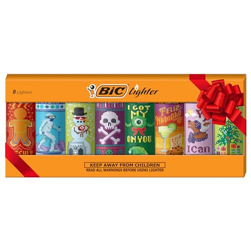 BIC Pocket Lighter, Special Edition Holiday Collection, Assorted Unique Lighter Designs, 8 Count Pack of Lighters