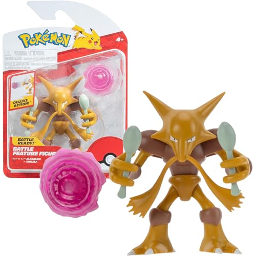 Pokemon Alakazam Battle Feature Figure - 4.5 inch Alakazam Battle Ready Figure with Psychic Blast Accessory