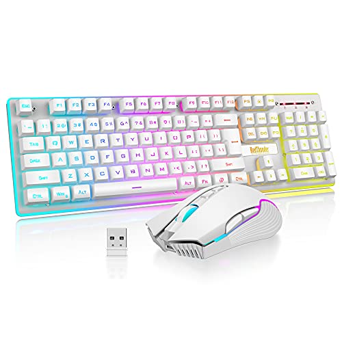 RedThunder K10 Wireless Gaming Keyboard and Mouse Combo, LED Backlit Rechargeable 3800mAh Battery, Mechanical Feel Anti-ghosting Keyboard + 7D 3200DPI Mice for PC Gamer (White)