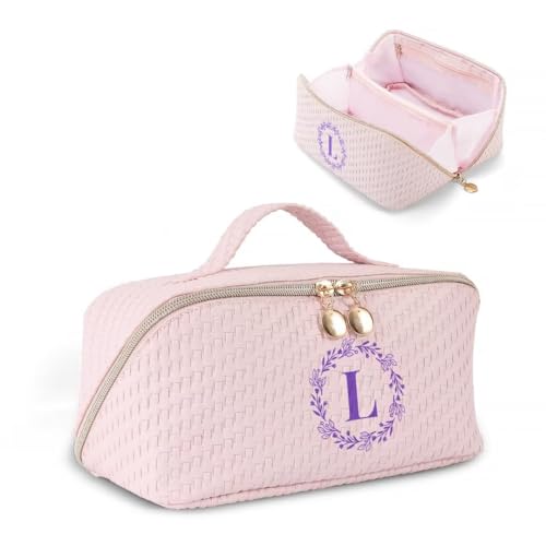 LUCKJOY Personalized Make up Bag,Leather Cosmetic Bag,Birthday Gifts for Women,Large Capacity Travel Toiletry Bag,Christmas Gifts for Teen Girls (L)