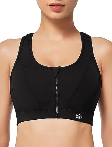 Yvette Zip Front Sports Bra - High Impact Sports Bras for Women Plus Size Workout Fitness Running,Black