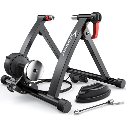 Sportneer Bike Trainer - Magnetic Stationary Bike Stand for 26-28' & 700C Wheels - Adjustable 6 Level Resistance Bike Trainer Stand for Indoor Riding with Quick Release Lever & Front Wheel Riser Block