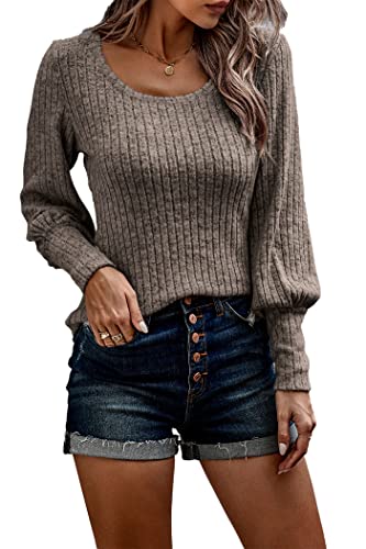 PRETTYGARDEN Women's Pullover Sweaters Long Lantern Sleeve Casual Crew Neck Ribbed Knit Jumper Blouse Tops (Brown,Medium)