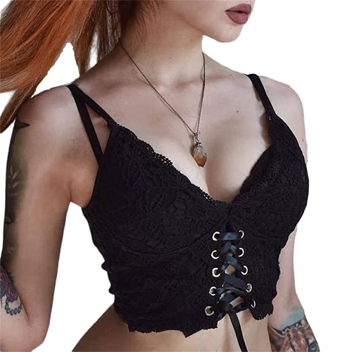 Goth Dark Mall Gothic Harajuku Camis Black Lace Trim Emo Clothes Aesthetic Crop Tops Backless Sexy Tanks