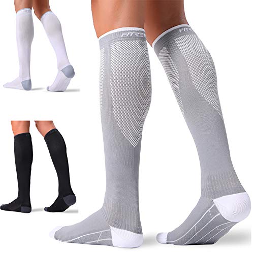 FITRELL 3 Pairs Compression Socks for Women and Men 20-30mmHg- Circulation and Muscle Support Socks for Travel, Running, Nurse, Medical, Black+White+Grey L/XL