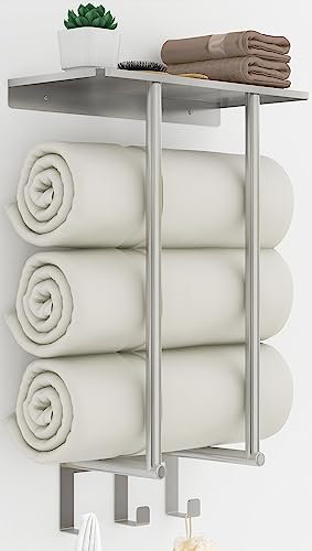 Towel Racks for Bathroom Wall Mounted, Bethom Towel Rack with Shelf & 3 Hooks, Brushed Nickel Towel Storage Holder Wall for Large Rolled Towels
