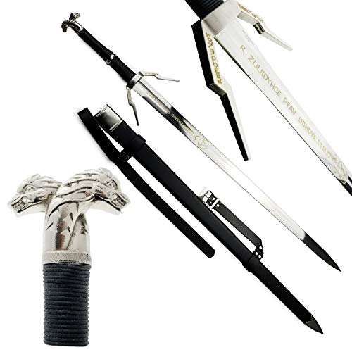 49' Fantasy Monster Slayer Silver Sword Replica - Collectible Stainless-Steel Blade Two Handed Sword w/Scabbard & Faux Leather Handle – Perfect Replica Swords for LARP, Cosplay, & More