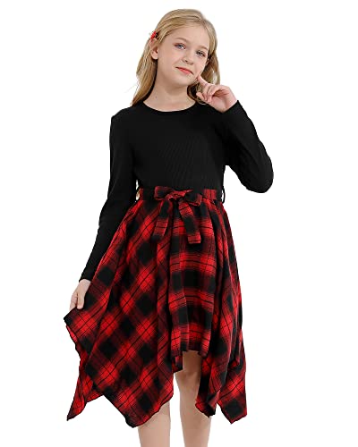 Girls Fall Dress Long Sleeve Casual Red Dresses Plaid Round Neck with Belt 9-10Y