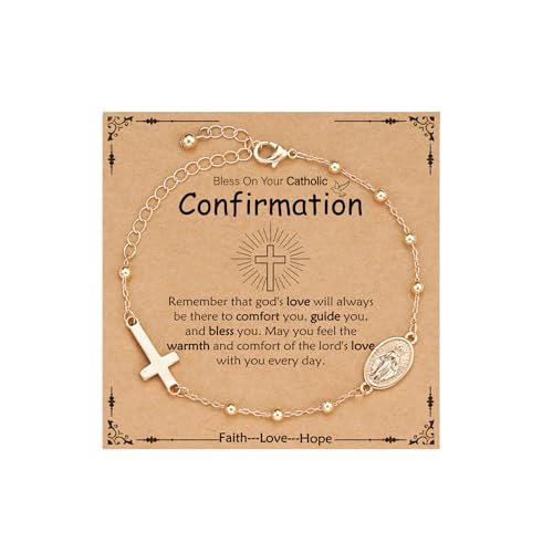 VULETO Catholic Confirmation Gifts for Teen Girls,Virgin Mary Rosary Beads Cross Charm Link Chain Bracelet Religious Jewelry Gifts for Teenage Girls Gold