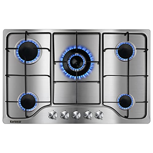 Karinear Gas Stove Gas Cooktop 30 Inch 5 Burners, Built-in Stainless Steel Gas Hob, Natural Gas Propane Cooktop Dual Fuel for Apartments, Indoor (Come with Pressure Regulator)