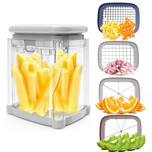 CrazyQueen French Fry Cutter 4-in-1 Food Dicer Chop Box, Potato Cutter for Fries Potato French Fry Onion Cutter Food Chopper Manual Hand Vegetable Cutter Dicer Apple Slicer, 4 Blades