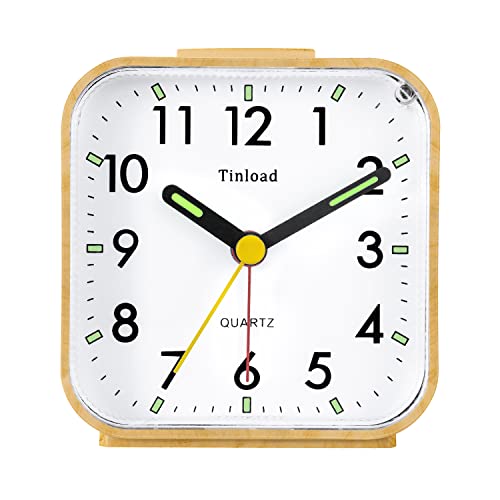 Tinload Small Battery Operated Analog Alarm Clock Silent Non Ticking, Ascending Beep Sounds, Snooze,Light Functions, Easy Set(Wood Grain)