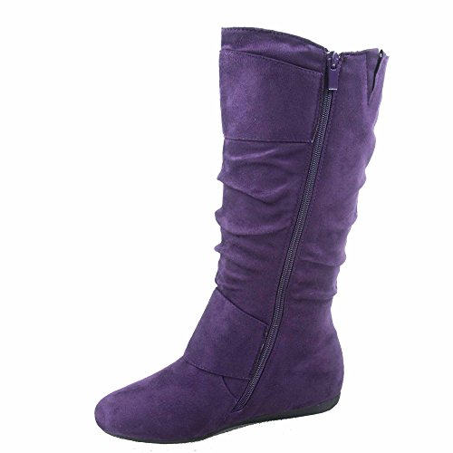 TOP Moda Bank-81 Women's Fashion Round Toe Flat Heel Zipper Buckle Slouchy Mid-Calf Boot Shoes (Purple, 11)