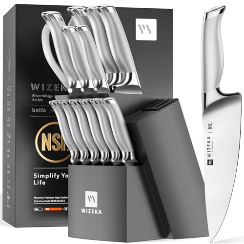 WIZEKA Kitchen Knife Set with Block, 15PCS Full Tang Professional Chef Knife Set with Knife Sharpener, German Stainless Steel Knife Block Set, Silver Wings Series, Christmas Gift