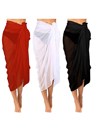 Yahenda 3 Pieces Women Sarong Wraps Beach Wrap Swimsuit Cover Up Chiffon Long (43 x 57 Inch, Black, White, Red), One Size