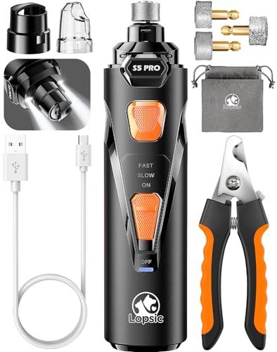 LOPSIC Dog Nail Grinder with 2 LED Lights Powerful 2-Speed Dog Nail Trimmers with 3 Grinding Wheels Super Quiet Rechargeable Pet Dog Nail Clippers Kit for Large Medium Dogs Cats Small Animal Nail Care