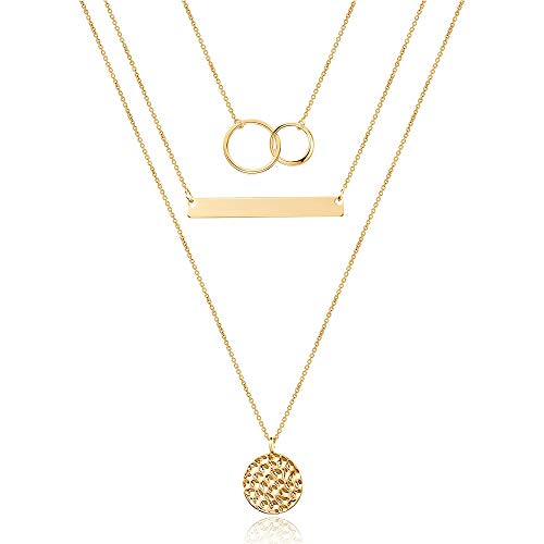 Turandoss Dainty Interlocking Circles Necklace Bar Hammered Disc 14K Gold Simple Necklace Women Jewelry Layered, Gold Choker Necklaces for Women
