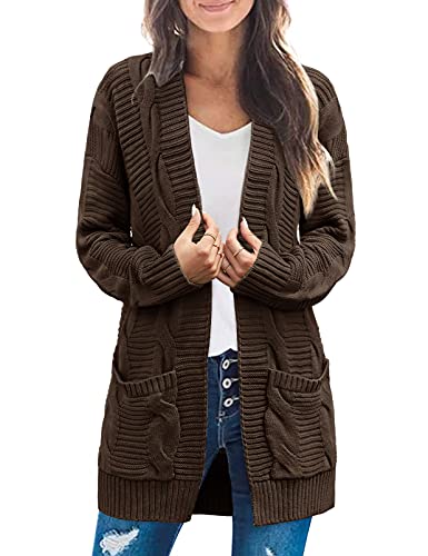 MEROKEETY Women's 2023 Long Sleeve Cable Knit Cardigan Sweaters Open Front Fall Outwear Coat Coffee