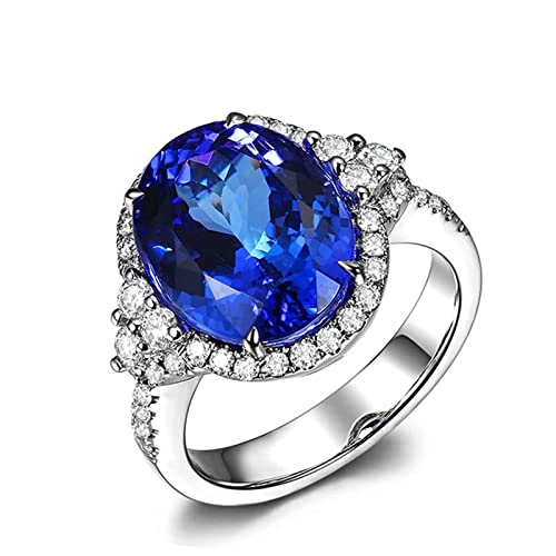18K White Gold Simple Promise Rings, Women's Engagement Rings Blue Oval Tanzanite Blue 5.75ct Diamond 0.55ct Wedding Bands Size 11