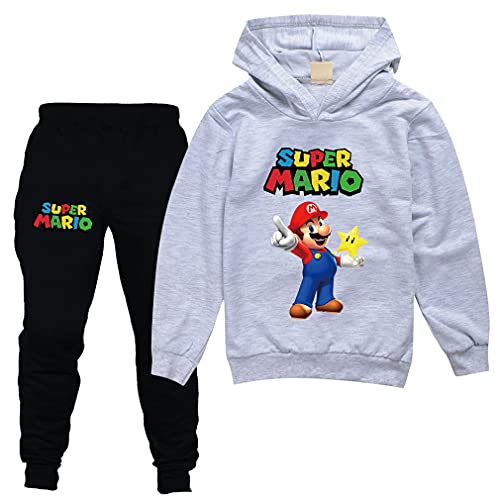 Meina Kids Super Hero Pullover Hoodies and Sweatpants 2 Piece Outfit Set Jogging Tracksuit Sweatshirt Set for Boys Girls (grey+black, 5 Years-6 Years)