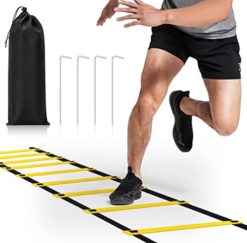 DIKAKO Agility Ladder - 20ft 12 Rung Agility Ladder Speed Training Equipment, Kids and Adult Speed Ladder for Football, Basketball, Fitness Training - Included Carry Bag and 4 Steel Stakes (Yellow)