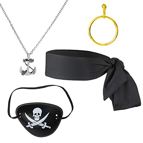 Beelittle Captain Pirate Costume Accessories Set Red Headband Pirate Skull Eye Patch Gold Earrring Necklace (Black 1)