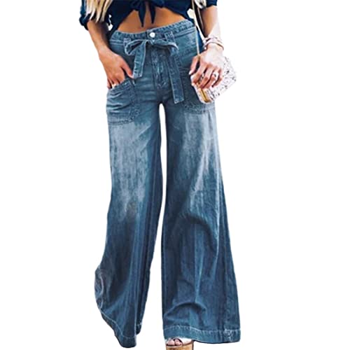 utcoco Women's Casual Loose Fit Palazzo Pants Hight Waisted Wide Leg Denim Jeans (10, Blue)