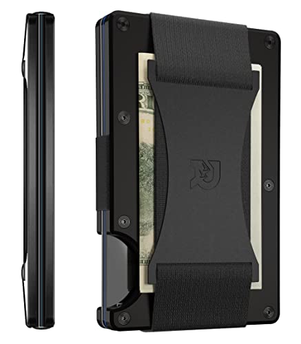 The Ridge Wallet For Men, Slim Wallet For Men - Thin as a Rail, Minimalist Aesthetics, Holds up to 12 Cards, RFID Safe, Blocks Chip Readers, Aluminum Wallet With Cash Strap (Black)
