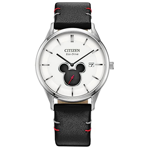 Citizen Eco-Drive Mickey Mouse Shadow, Stainless Steel, Black Leather Strap, 2-Hand with Sub-Dial, 40mm (Model: BV1130-03W)
