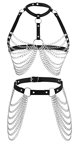 NICEIGHT Punk Leather Body Chains for Women Layered Waist Belly Chain Belt Black Chest Chain Gothic Party Rave Body Jewelry