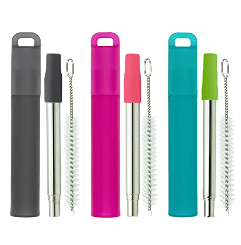 NAIVELY Metal Reusable Straws, 3 Pack Collapsible Portable Stainless Steel Straws, with Plastic Housing Silicone Tips and Cleaning Brush, Retractable Portable Pocket Drinking Straws