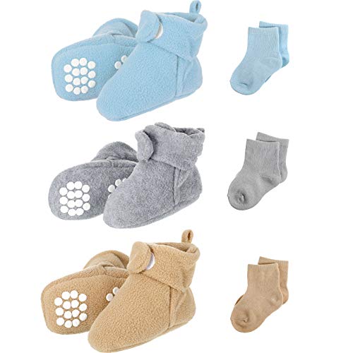 SATINIOR 3 Pairs Unisex Cozy Fleece Baby Booties with 3 Pairs Infant Cotton Socks (Blue, Gray, Brown,0-6 Months)