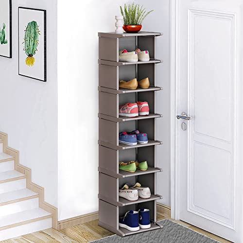 KANAV 8 Tiers Shoe Rack - Vertical Narrow Shoe Shelf Storage Organizer Sturdy Space Saving - Tall Narrow Shoe Rack for Entryway Closet Hallway, Grey