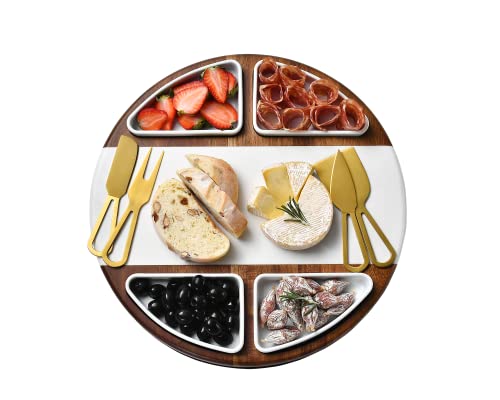 Shanik Upgraded Lazy Susan Marble Cheese Cutting Board Set, Round Acacia Charcuterie Board, Cheese Serving Platter with 4 Ceramic Bowls and Craft - Gift for Any Occasion (Without Engraving)