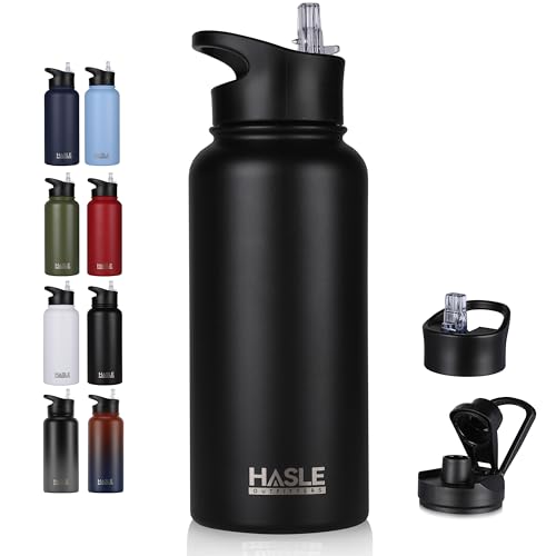HASLE OUTFITTERS 32 oz Insulated Water Bottle Stainless Steel Double Walled Vacuum Sports Water Bottle with 2 Lids (Straw and Spout Lid) for Gym Camping Hiking(Black,1)