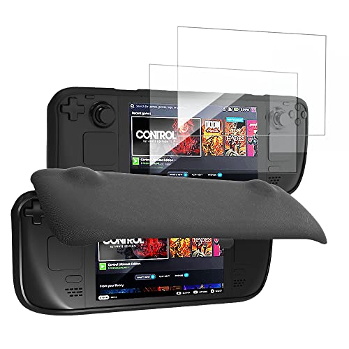 KMCIA Flip Cover for Steam Deck with 2 Pack Screen Protectors, Slim Protective Case with Magnetically Detachable Front Cover & Anti-Slip Thumb Caps Compatibe with Steam Deck -Black (Flip)