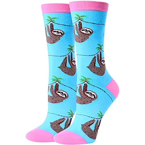 HAPPYPOP Sloth Gifts for Women Girls, Sloth Socks Funny Novelty Crazy Fun Silly Socks in Blue