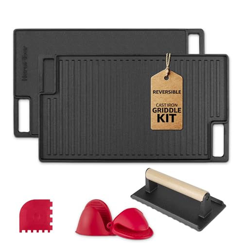 Cast Iron Reversible Grill/Griddle Set with Press, Scraper & Mitts - Pre-Seasoned, Non-Stick - 16.75' x 9.5' - Gas Stove, Grill, Camping, Outdoors