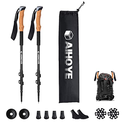 Aihoye Trekking Hiking Poles - 2 Pack Adjustable Hiking Walking Sticks Collapsible Lightweight - Strong Lightweight Aluminum7075, Quick Flip-Lock Hiking Sticks and Comfortable Cork Grips
