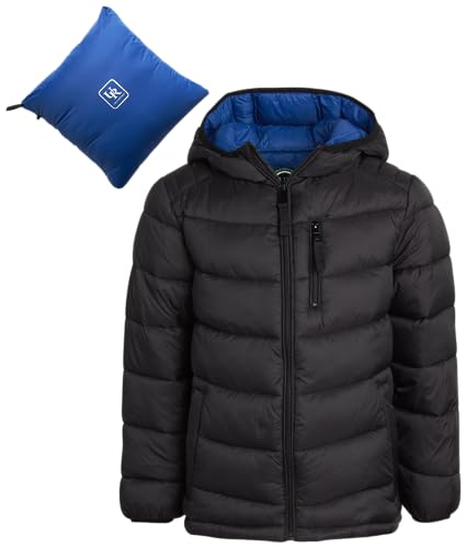URBAN REPUBLIC Boys’ Foldable Hooded Jacket – Insulated Weather Resistant Bubble Puffer Windbreaker Coat for Boys Sizes 4-20, Size 10/12, Black/Blue