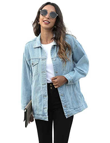 PUWEI Women's Oversized Denim Jacket Distressed Lapel Button Up Long Sleeve Jean Jacket with Pockets(1452-LightBlue-XL)